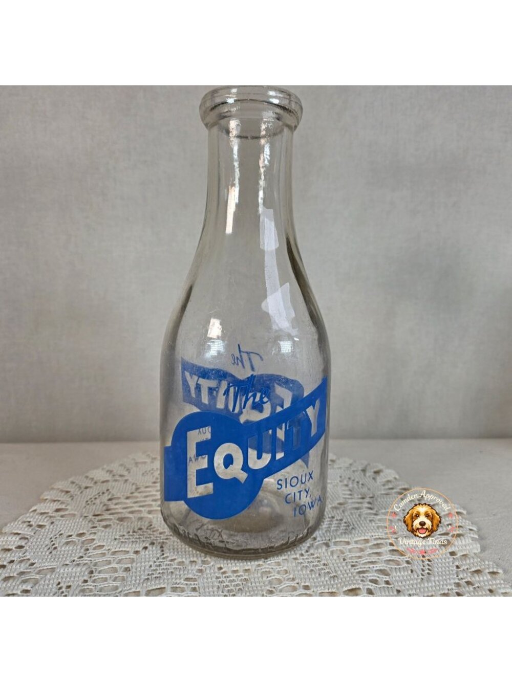 Vintage Equity Milk Bottle Sioux City Iowa Blue Pyro ACL Glass Dairy Farmhouse